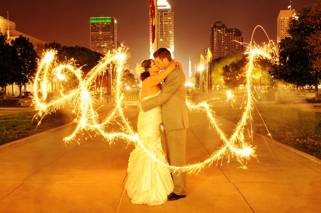 Sparklers in front of kissing couple