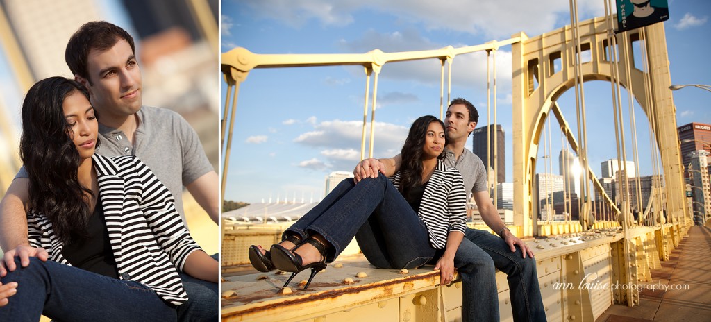 Engagement pictures of couple posing on a bridge. Ann Louise Photography
