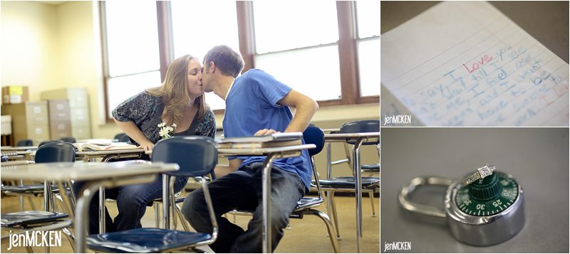 Portrait of couple kissing in classroom by Jen McKen