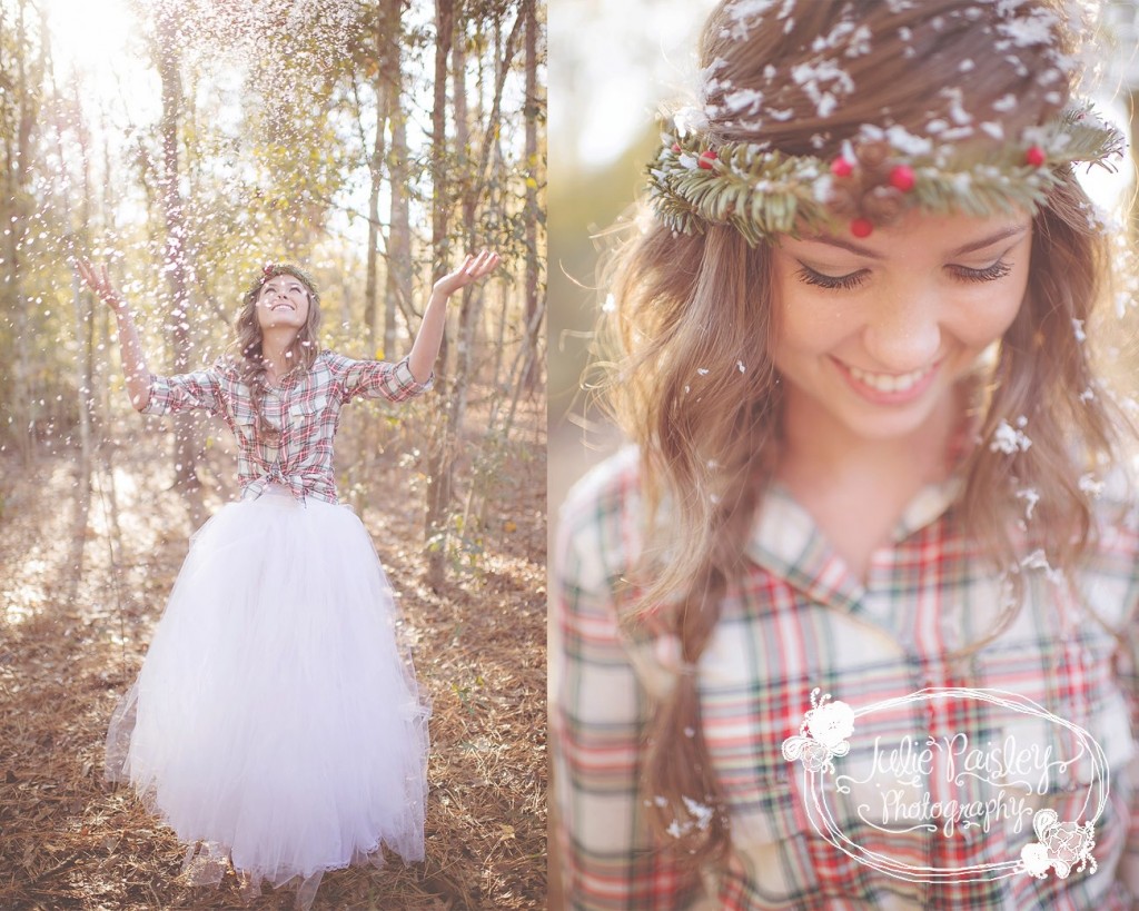 Girl throwing up confetti in woods by Julie Paisley Photography