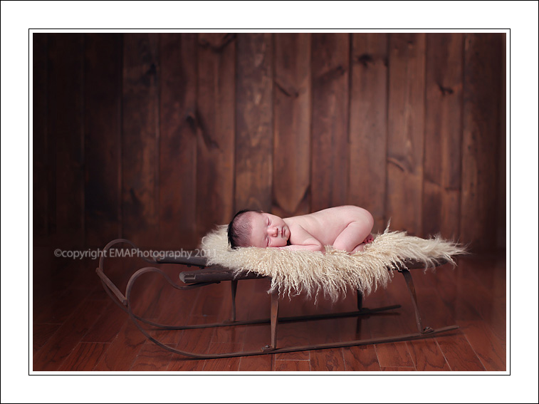 Newborn Portrait of baby laying on sled by EMA PHOTOGRAPHY