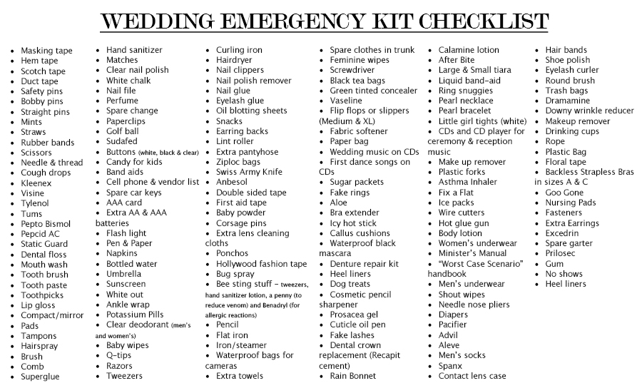 wedding emergency kit checklist