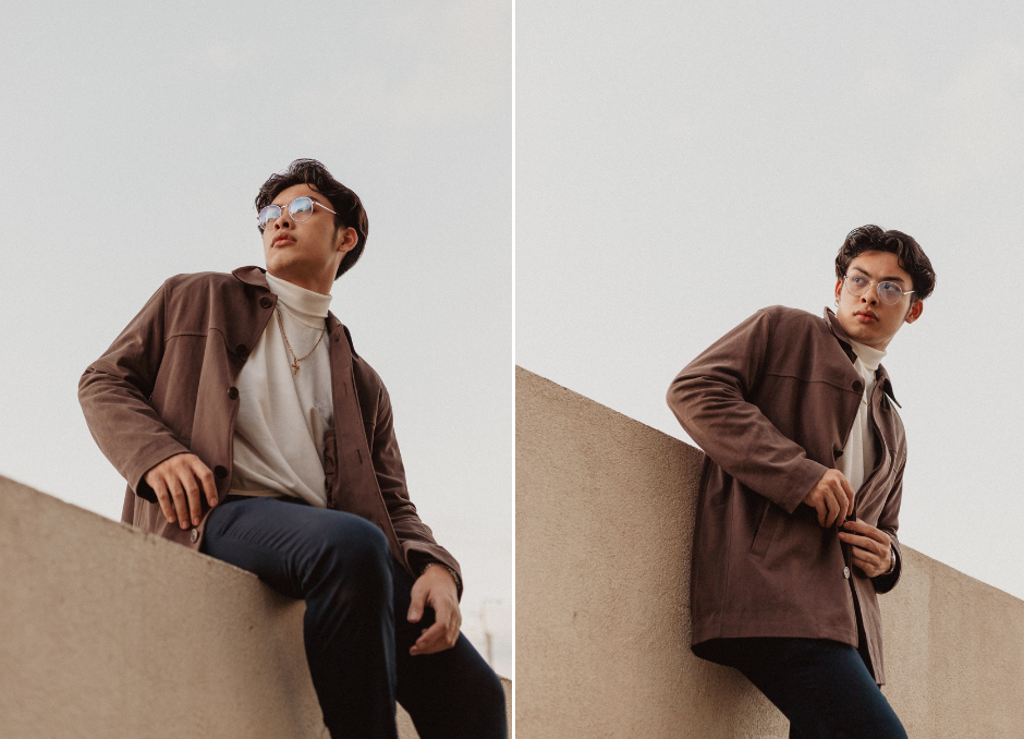 male portrait posing leaning and sitting against a wall